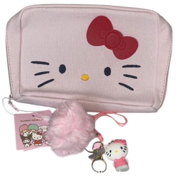 Sanrio Other - NWT’s Sanrio Hello Kitty Pink Bow Cosmetic Pouch with Pom Charm Keychain